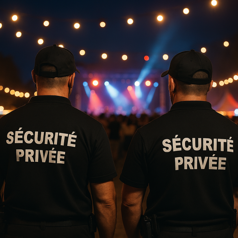 Deux agents de sécurité portant des uniformes « SÉCURITÉ PRIVÉE » à un concert.